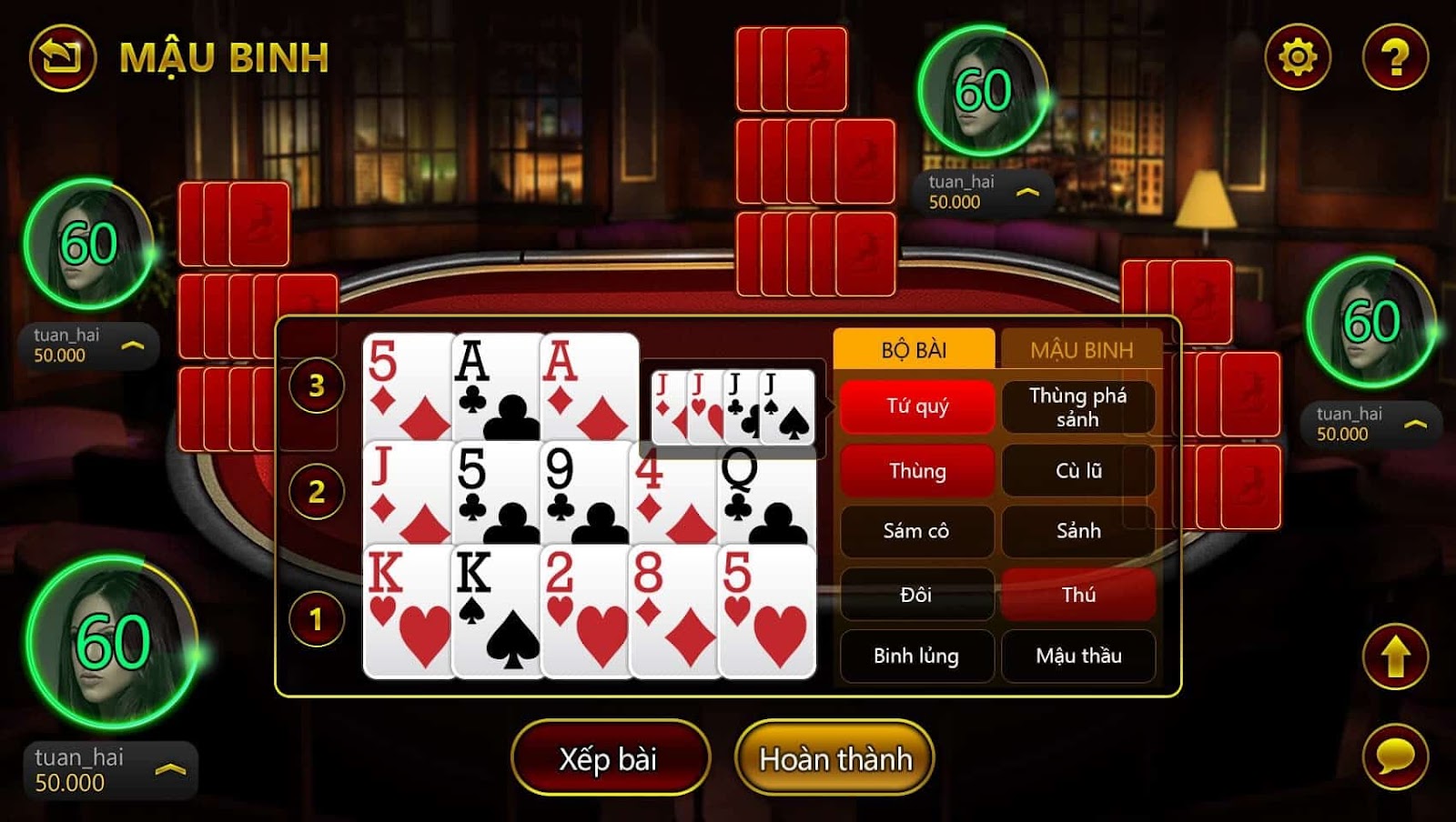 Chơi game Mậu Binh dùng binh ba phé bắn bài